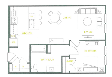 Floor plan for 1 bed, 1 bath, 720 sqft